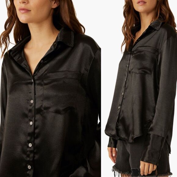 FREE PEOPLE| shooting for the moon satin shirt | Large | black button down - Picture 6 of 15